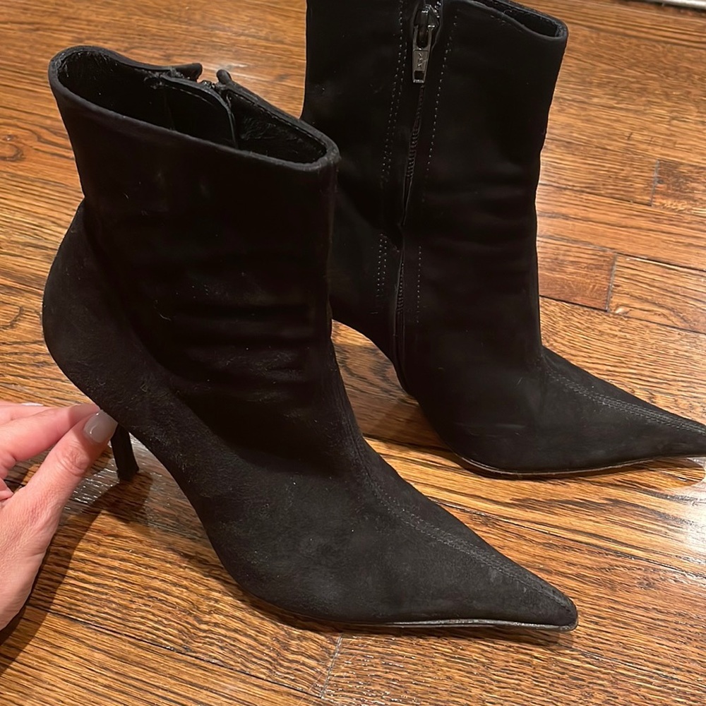 David Ackerman Paris, Suede Pointed Toe Stiletto Ankle Boots, Black, 39